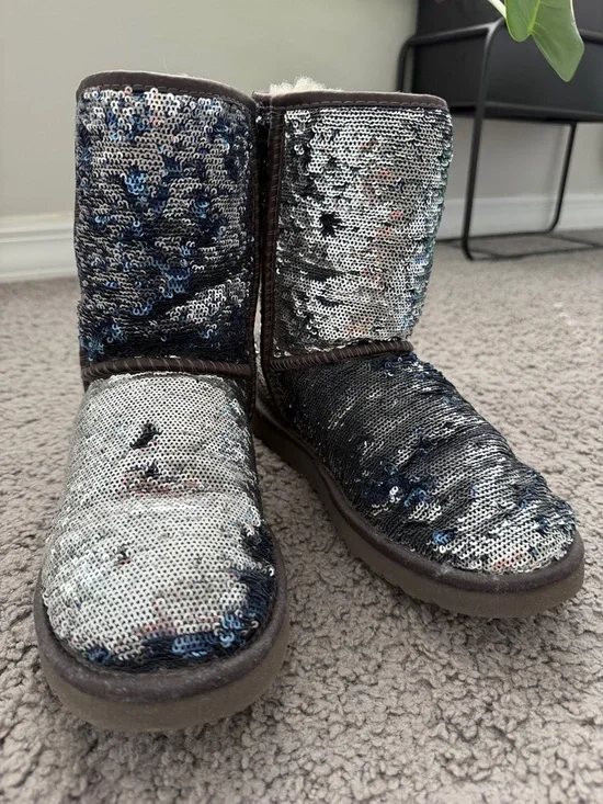 UGG Reversible Sequin Mid-Calf Boots in Brown and Blue - Picture 2 of 3